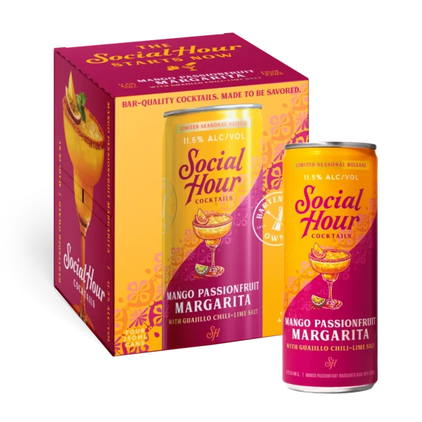 Social Hour Mango Passionfruit Margarita four-pack box and canned cocktail