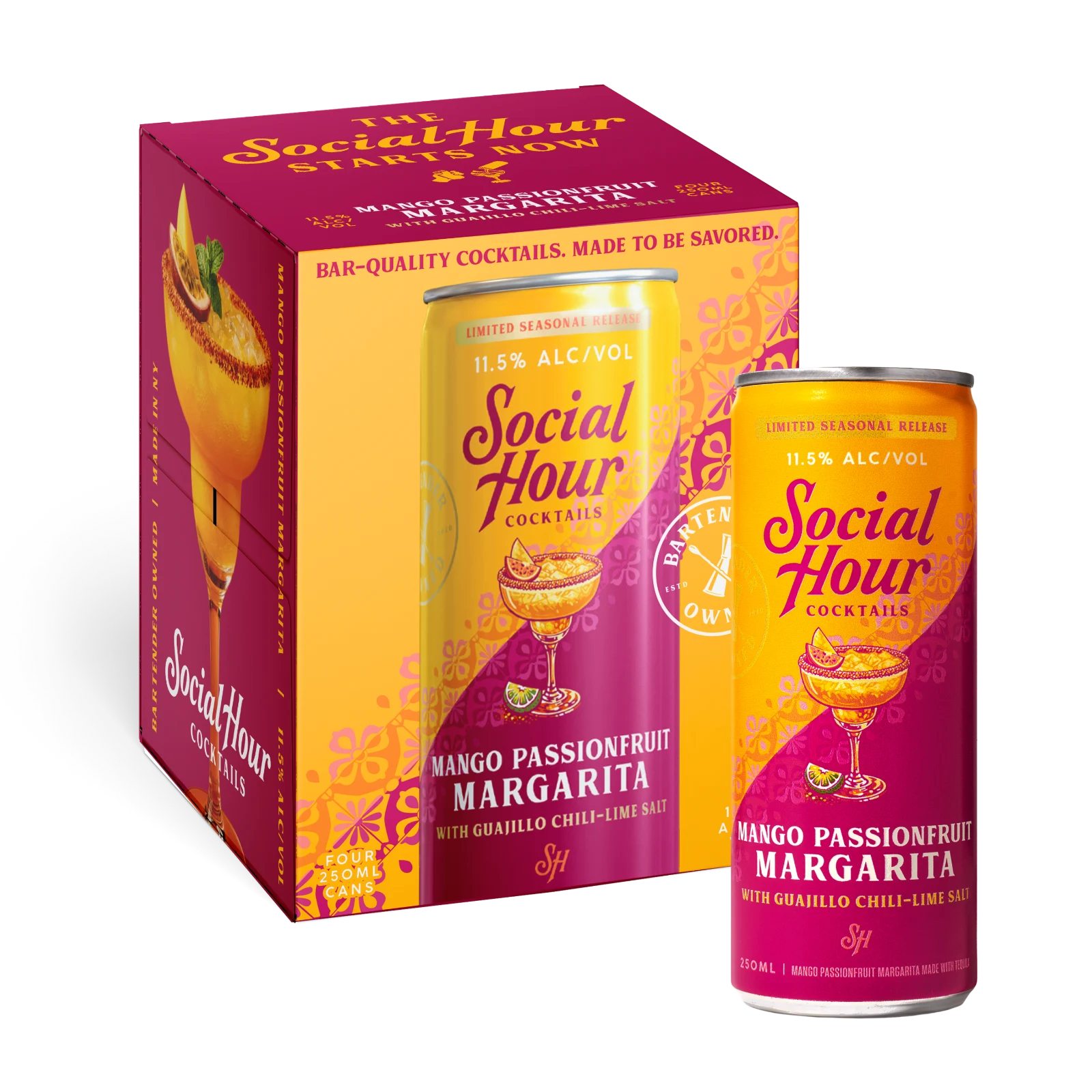 Social Hour Mango Passionfruit Margarita four-pack box and canned cocktail